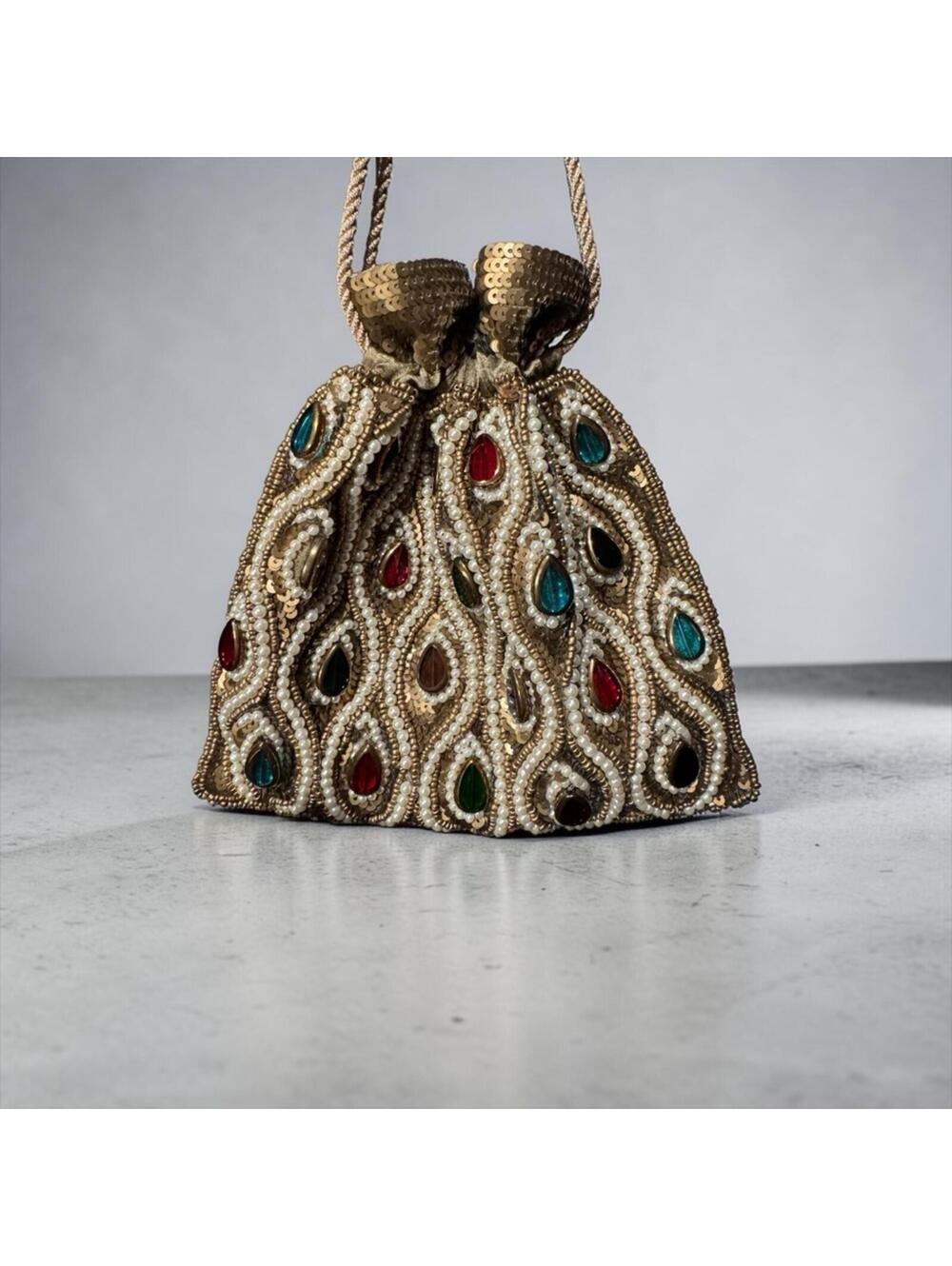 Gold Embellished Women's Clutch with Multicolor Accents